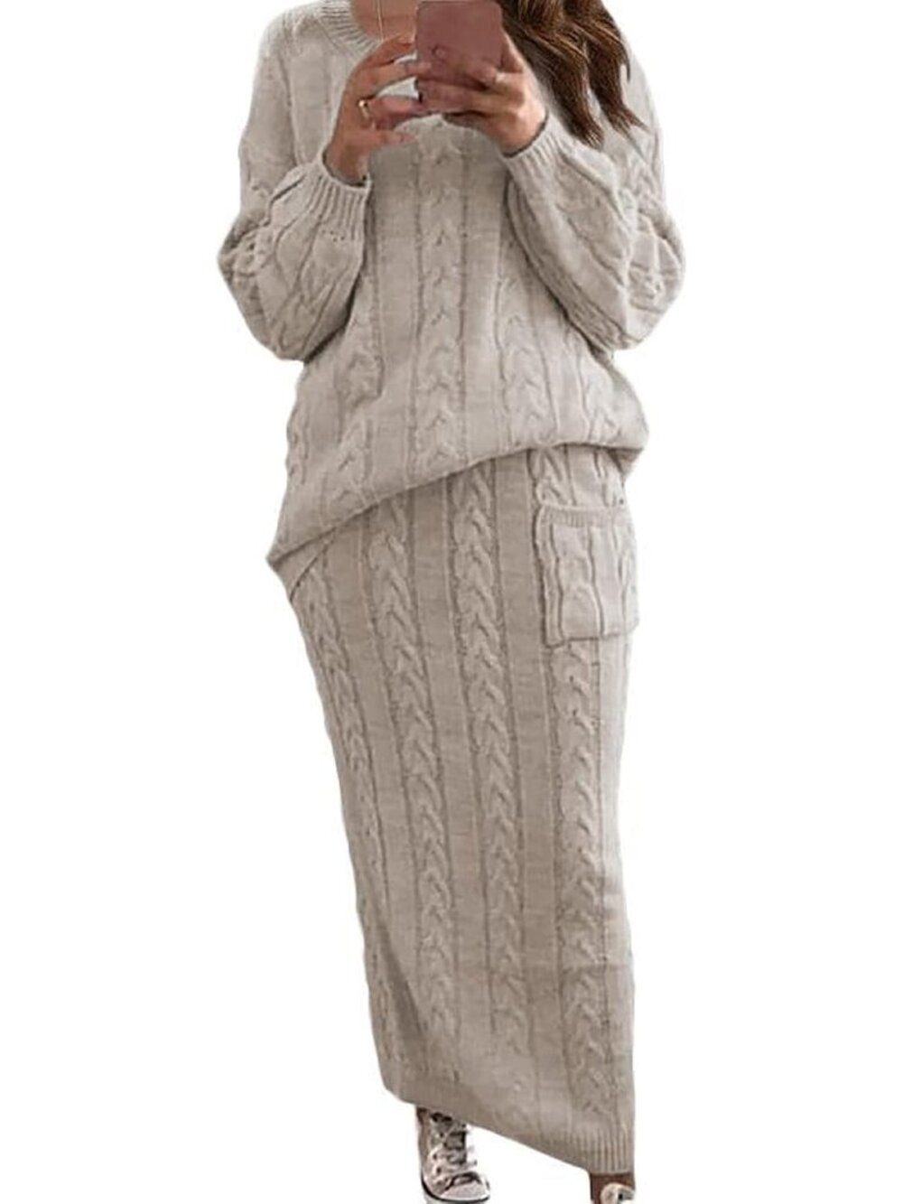 Women's Winter Chunky Cable Knit Long Skirt 2 Piece Outfit Sweater Sets